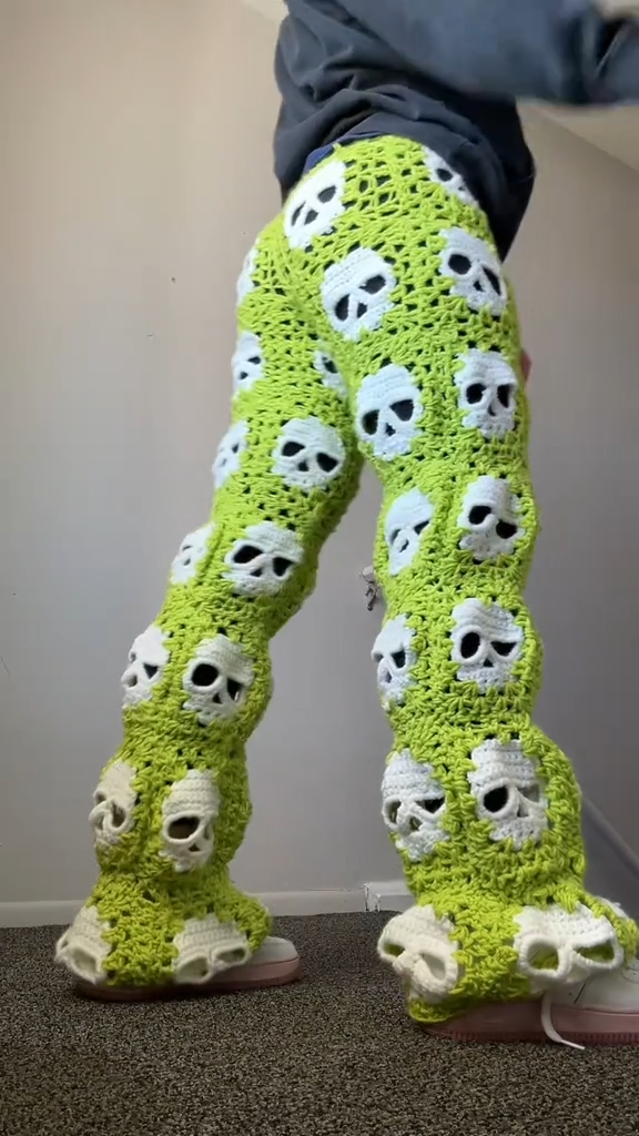Green Crochet Skull Granny Square Pants: Handmade Hippie Flare