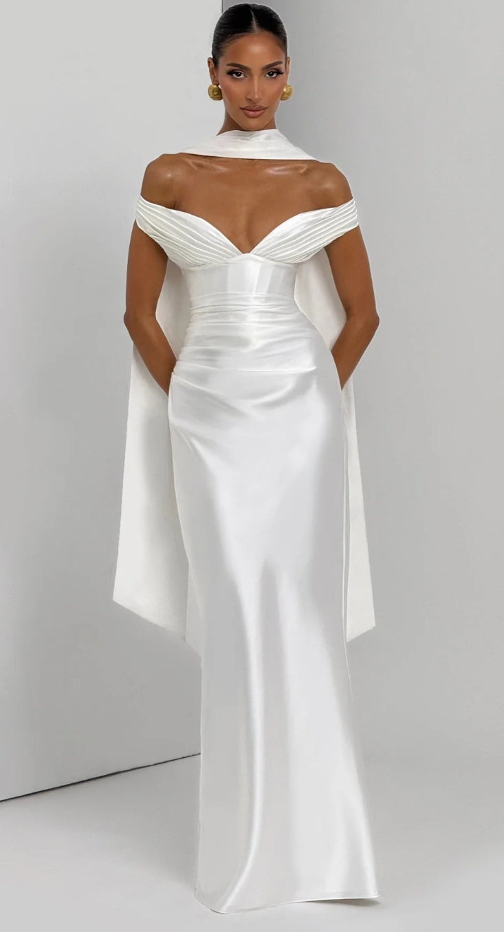 Chic Off - Shoulder Ruched White Formal Dress