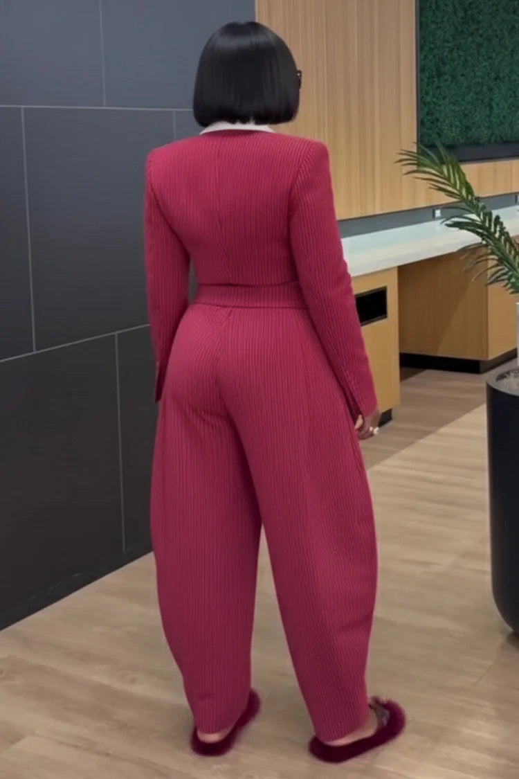 Striped Lapel Blazer & Wide-Leg Pants Set – Red Asymmetric Hem Suit