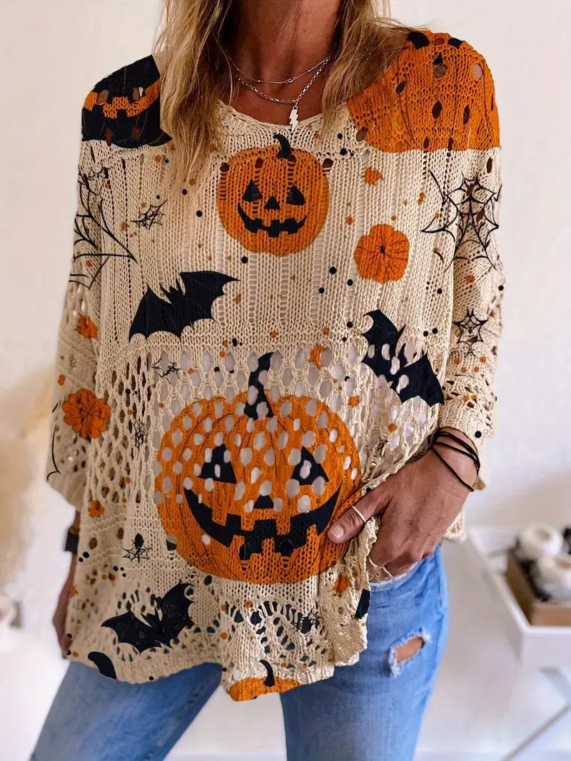 🎃 Women’s Halloween Pumpkin Print Knit Top 👻 Loose Fit, Cutout Long Sleeve Sweater – Plus Size Friendly, Casual & Vacation Style