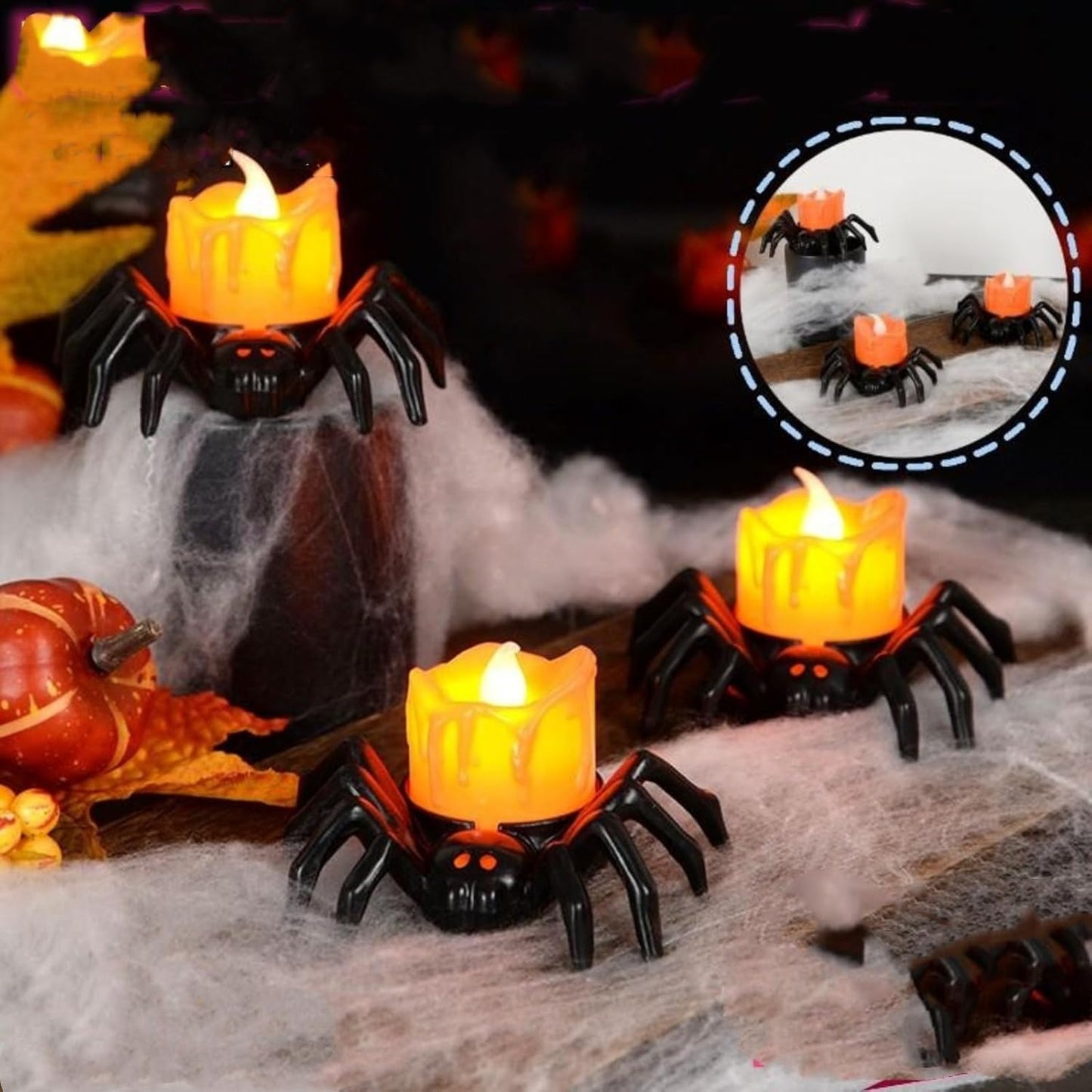 🏆2025 Halloween Hot Sale⚡Halloween LED Pumpkin Lamp with Creepy Spider - Flameless Flickering Candle Light for Home Decor