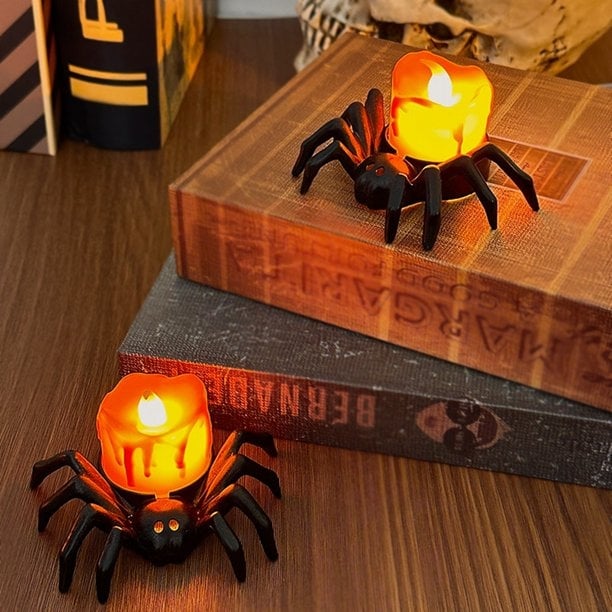 🏆2025 Halloween Hot Sale⚡Halloween LED Pumpkin Lamp with Creepy Spider - Flameless Flickering Candle Light for Home Decor