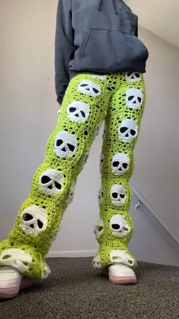 Green Crochet Skull Granny Square Pants: Handmade Hippie Flare