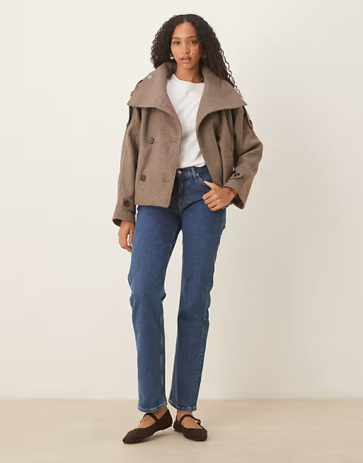 ✨ Cropped Wool-Blend Trench Coat in Mushroom Melange 🤎 | Double-Breasted & Tailored Elegance