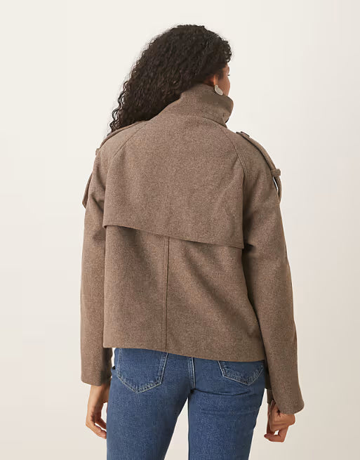 ✨ Cropped Wool-Blend Trench Coat in Mushroom Melange 🤎 | Double-Breasted & Tailored Elegance