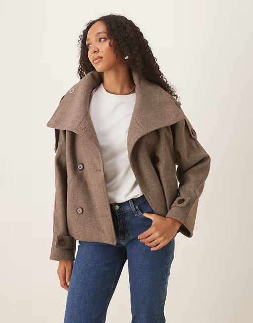 ✨ Cropped Wool-Blend Trench Coat in Mushroom Melange 🤎 | Double-Breasted & Tailored Elegance