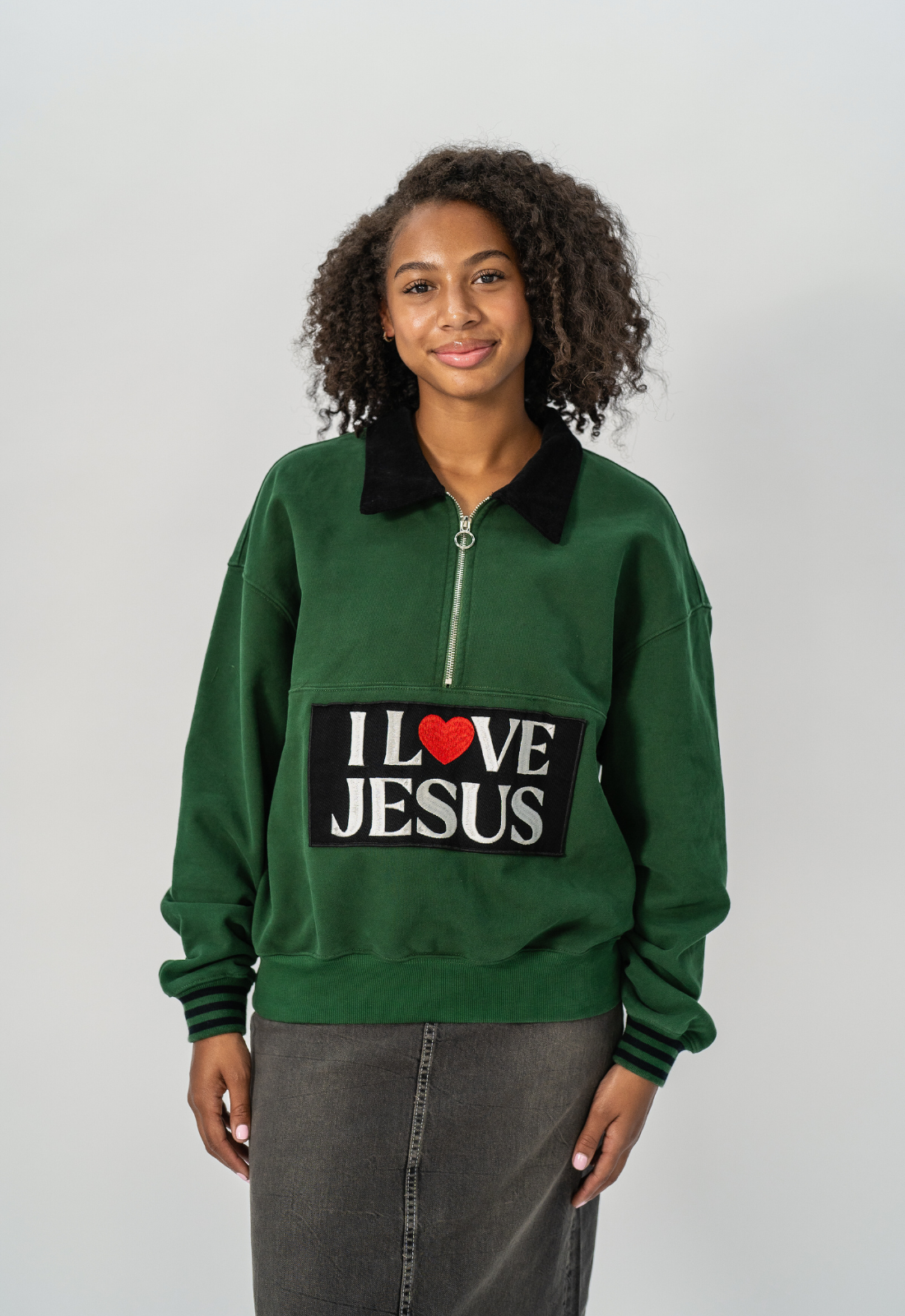 "I LOVE JESUS" HALF-ZIP PULLOVER (GREEN)