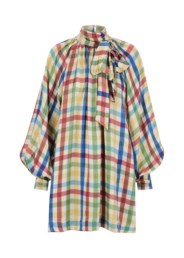 Chic Plaid Tie - Neck Balloon Sleeve Mini Dress
