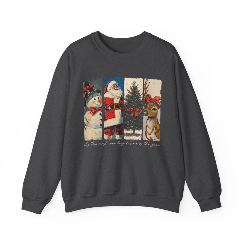 🎄 Vintage Christmas Sweatshirt ✨ Santa, Snowman, Tree & Reindeer Design 🦌 Cozy Holiday Pullover
