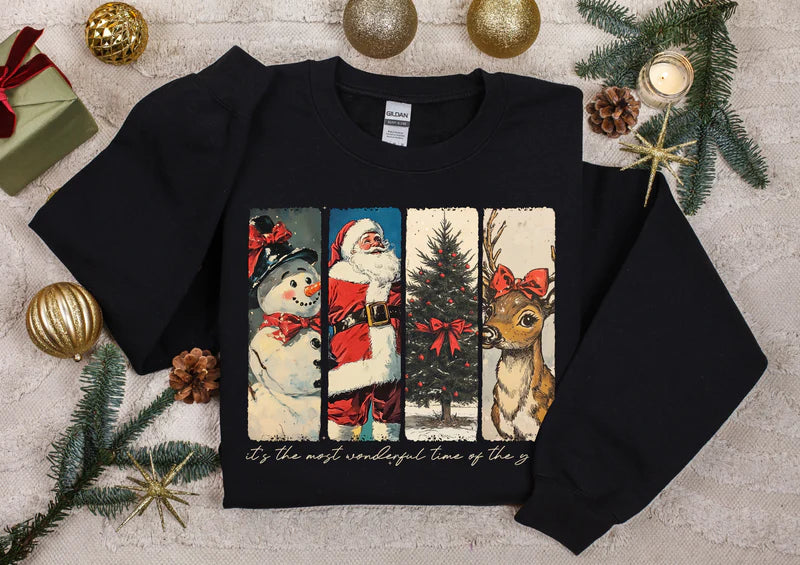 🎄 Vintage Christmas Sweatshirt ✨ Santa, Snowman, Tree & Reindeer Design 🦌 Cozy Holiday Pullover