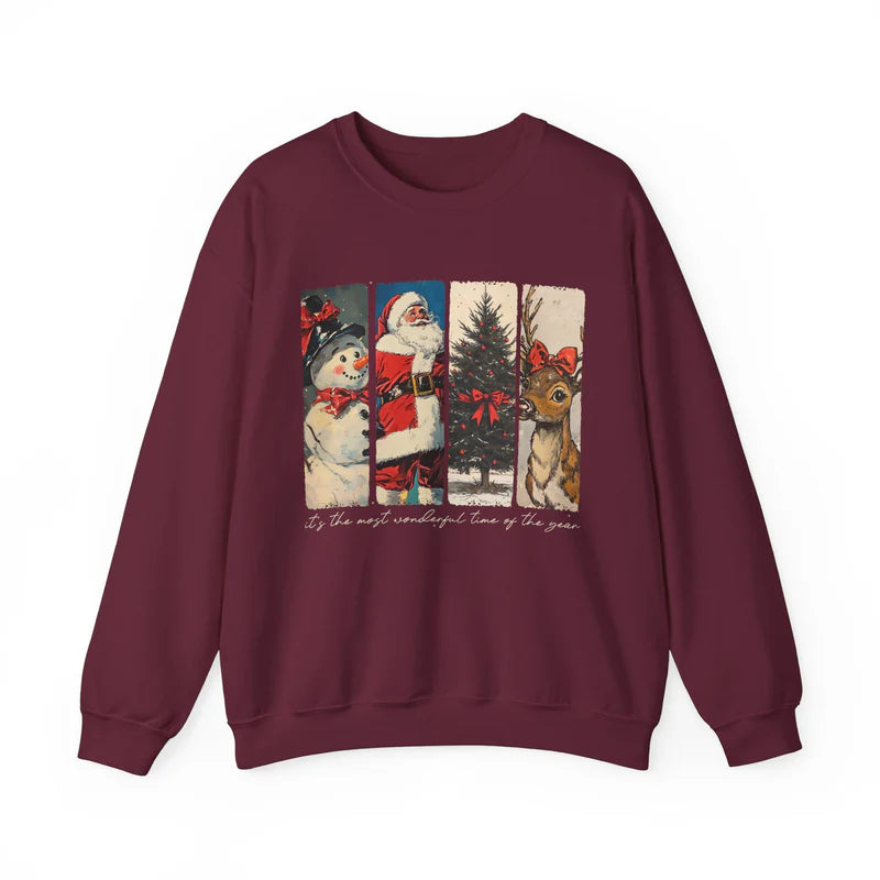 🎄 Vintage Christmas Sweatshirt ✨ Santa, Snowman, Tree & Reindeer Design 🦌 Cozy Holiday Pullover