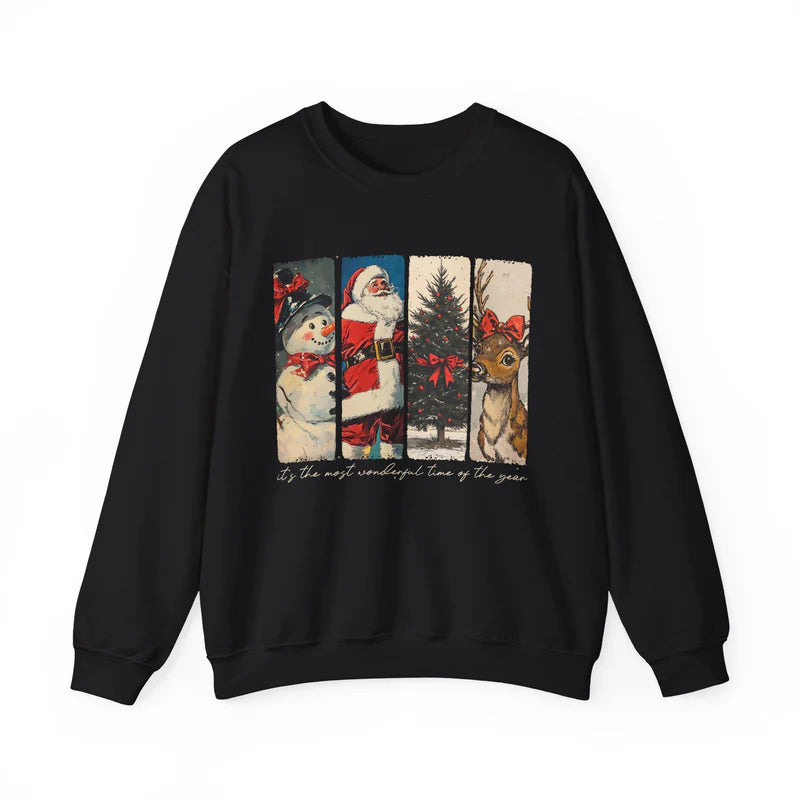 🎄 Vintage Christmas Sweatshirt ✨ Santa, Snowman, Tree & Reindeer Design 🦌 Cozy Holiday Pullover