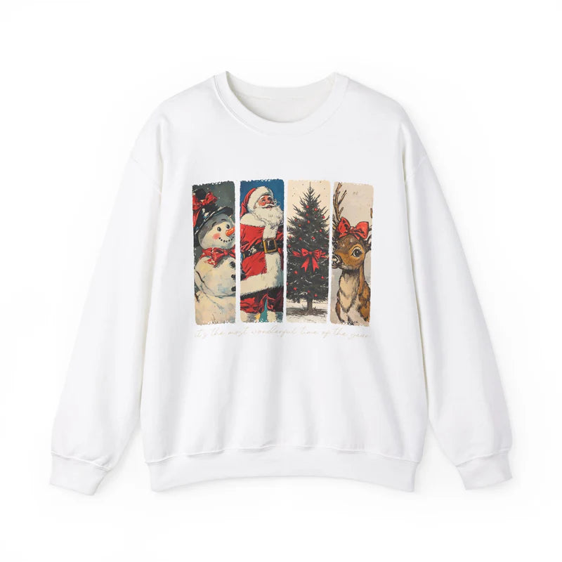 🎄 Vintage Christmas Sweatshirt ✨ Santa, Snowman, Tree & Reindeer Design 🦌 Cozy Holiday Pullover