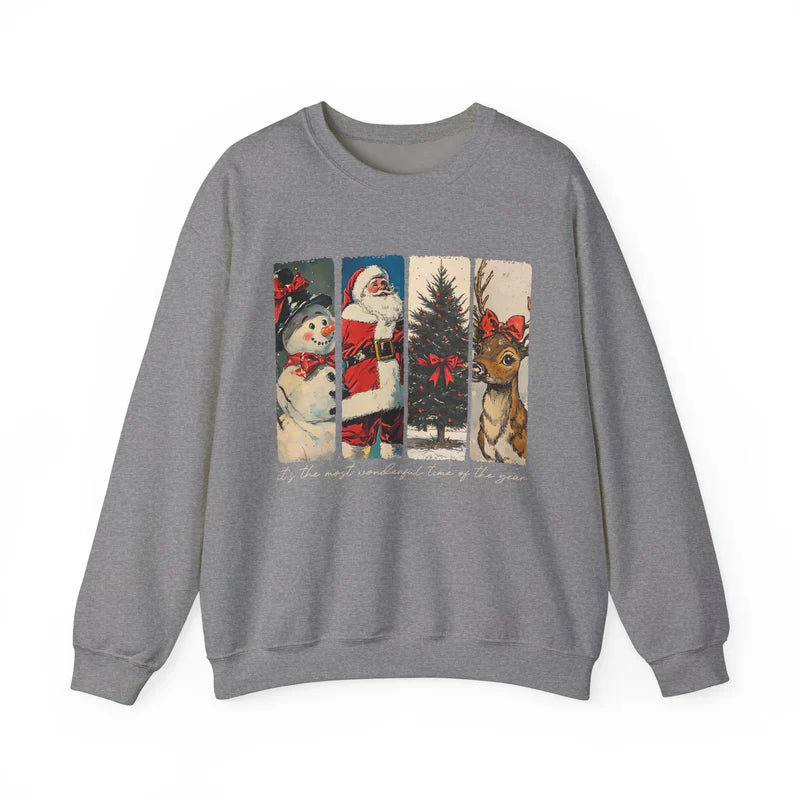 🎄 Vintage Christmas Sweatshirt ✨ Santa, Snowman, Tree & Reindeer Design 🦌 Cozy Holiday Pullover
