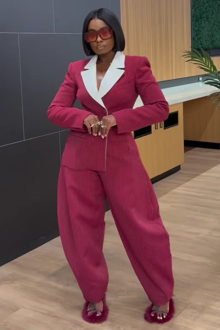 Striped Lapel Blazer & Wide-Leg Pants Set – Red Asymmetric Hem Suit