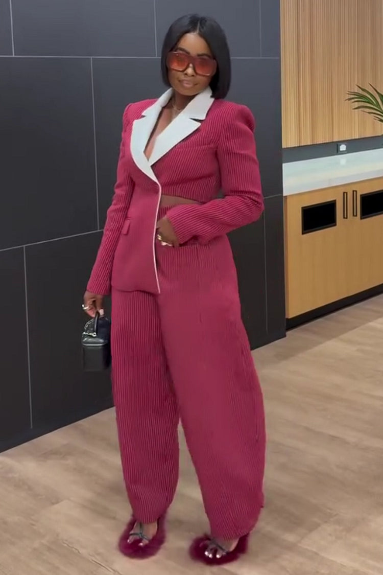 Striped Lapel Blazer & Wide-Leg Pants Set – Red Asymmetric Hem Suit