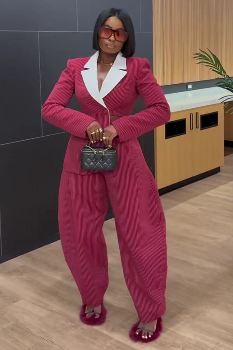 Striped Lapel Blazer & Wide-Leg Pants Set – Red Asymmetric Hem Suit