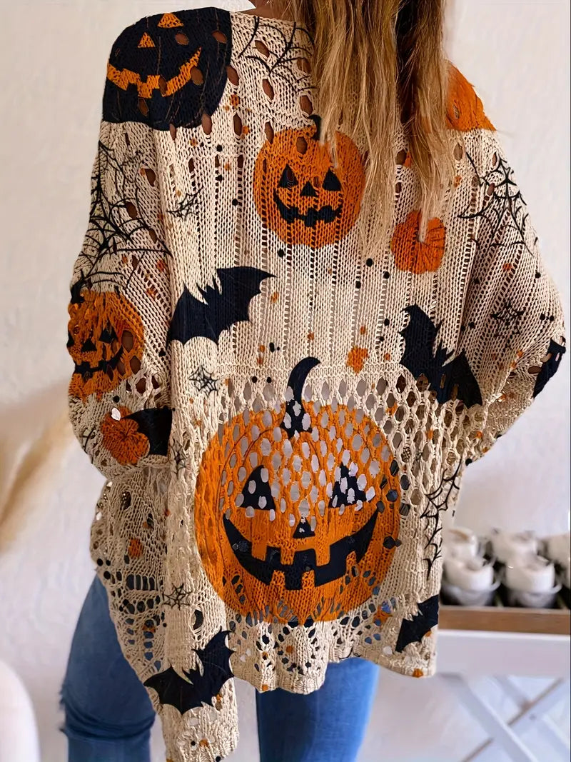 🎃 Women’s Halloween Pumpkin Print Knit Top 👻 Loose Fit, Cutout Long Sleeve Sweater – Plus Size Friendly, Casual & Vacation Style