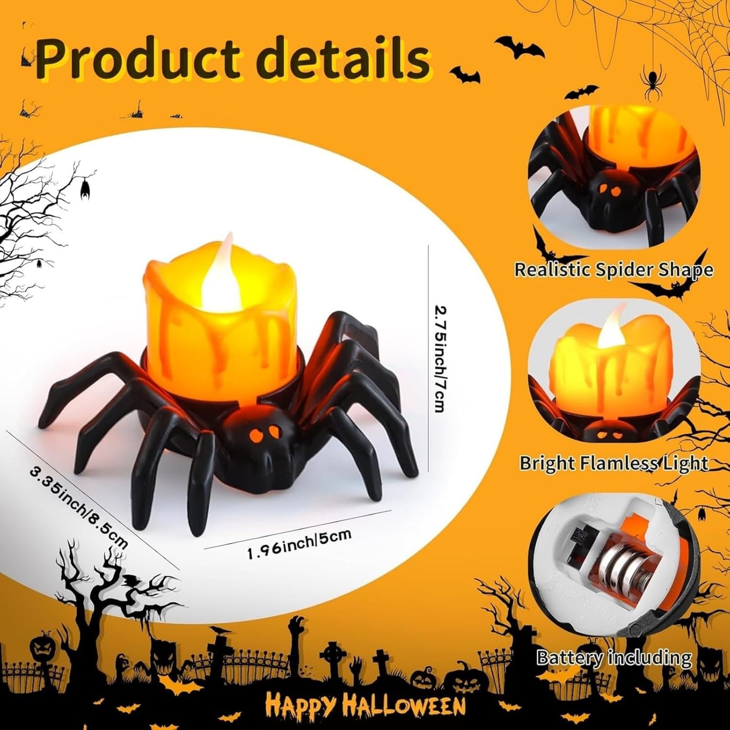 🏆2025 Halloween Hot Sale⚡Halloween LED Pumpkin Lamp with Creepy Spider - Flameless Flickering Candle Light for Home Decor