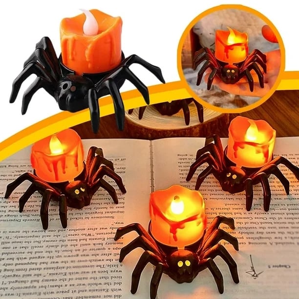🏆2025 Halloween Hot Sale⚡Halloween LED Pumpkin Lamp with Creepy Spider - Flameless Flickering Candle Light for Home Decor