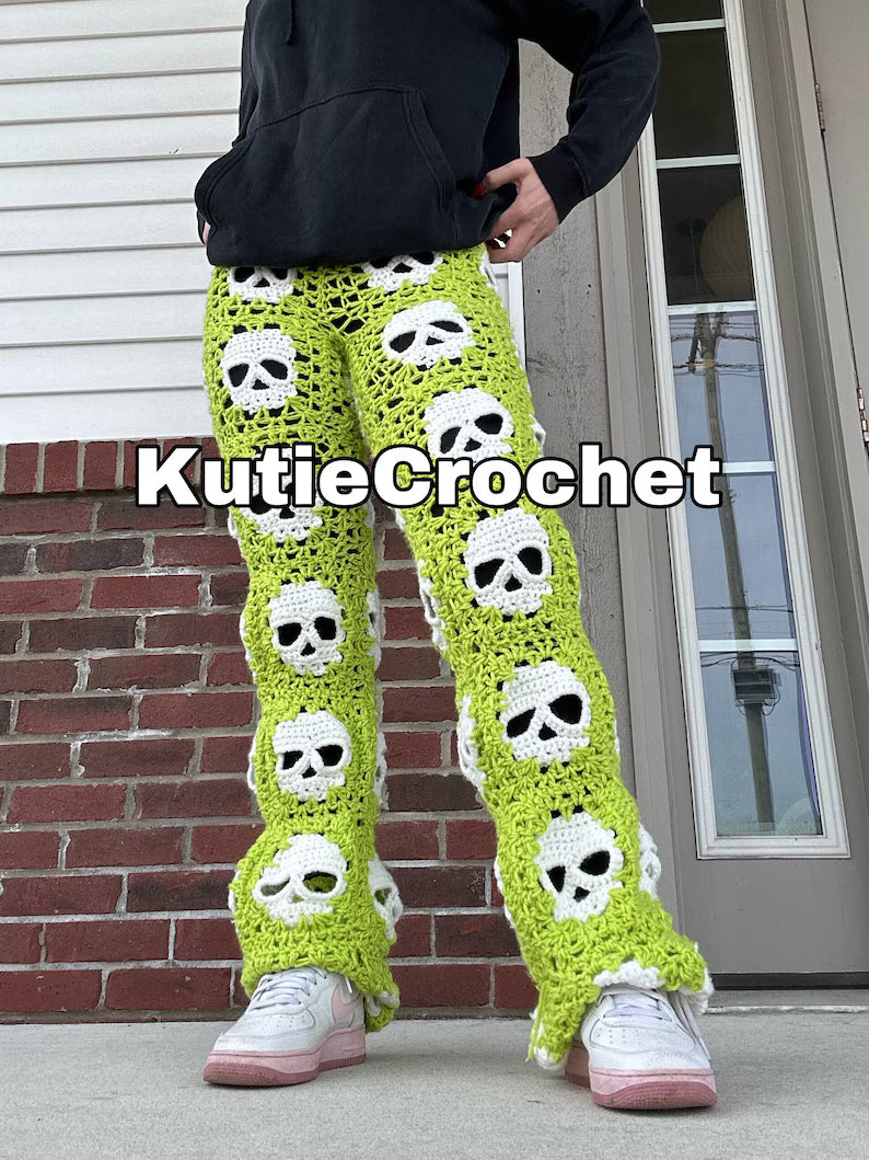 Green Crochet Skull Granny Square Pants: Handmade Hippie Flare