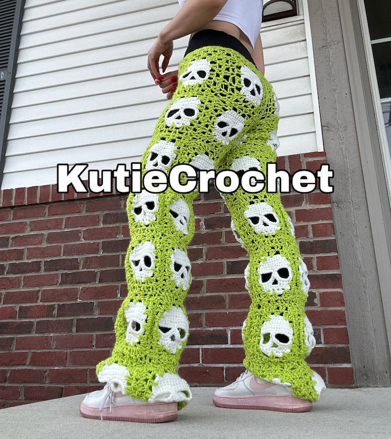 Green Crochet Skull Granny Square Pants: Handmade Hippie Flare
