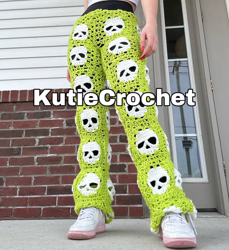 Green Crochet Skull Granny Square Pants: Handmade Hippie Flare