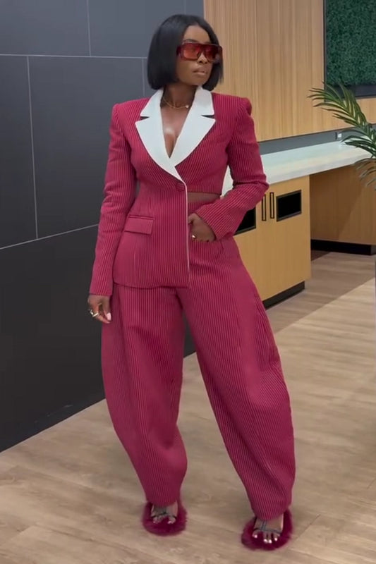 Striped Lapel Blazer & Wide-Leg Pants Set – Red Asymmetric Hem Suit