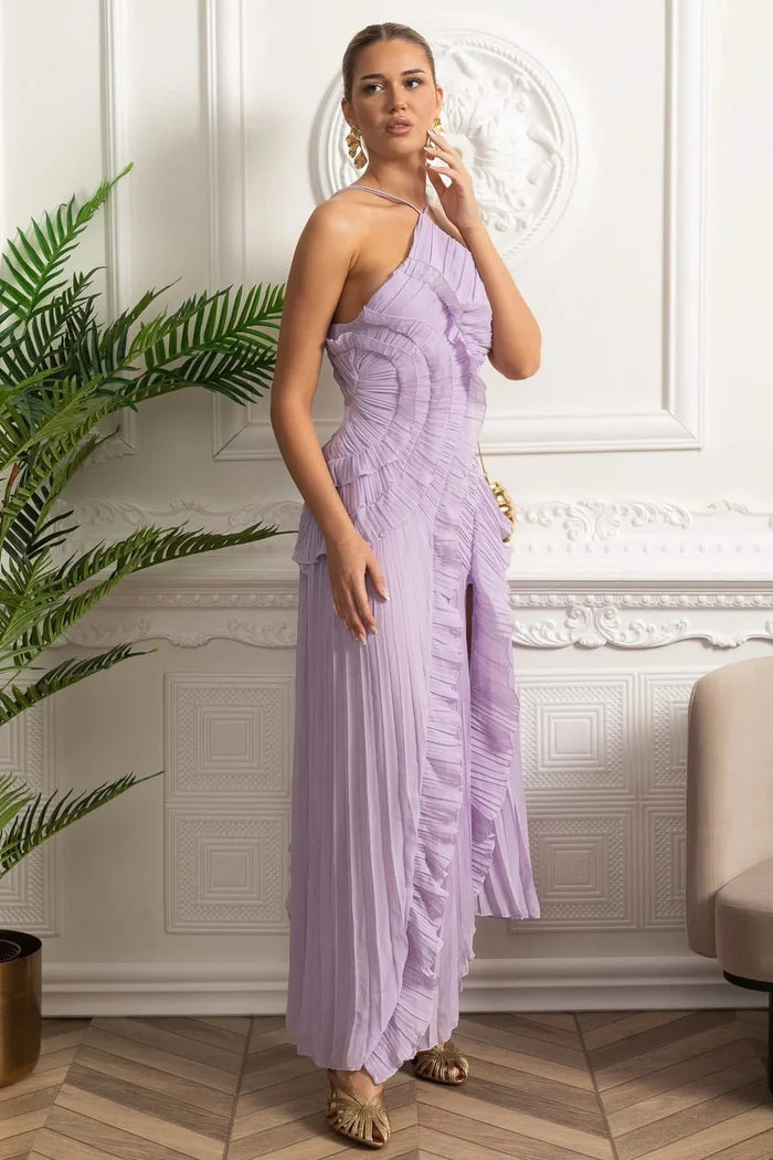 Lavender Pleated Halter Midi Dress with Ruffle Details