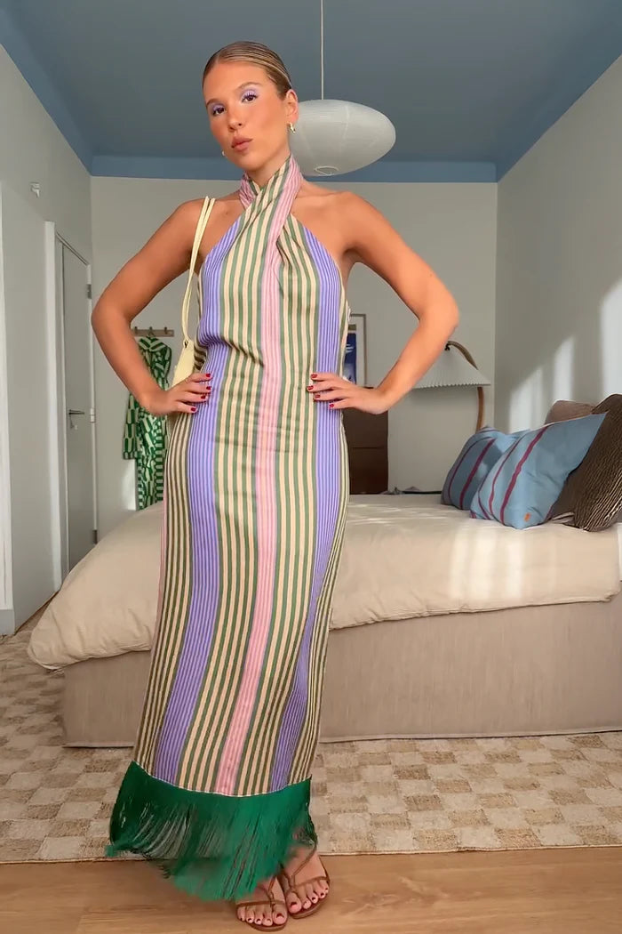 Multicolor Striped Halter Maxi Dress