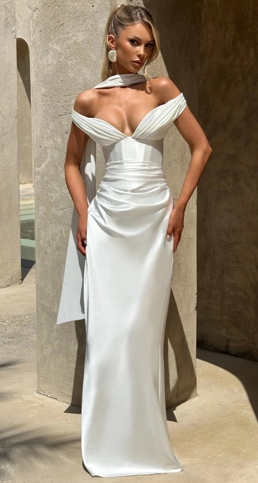 Chic Off - Shoulder Ruched White Formal Dress