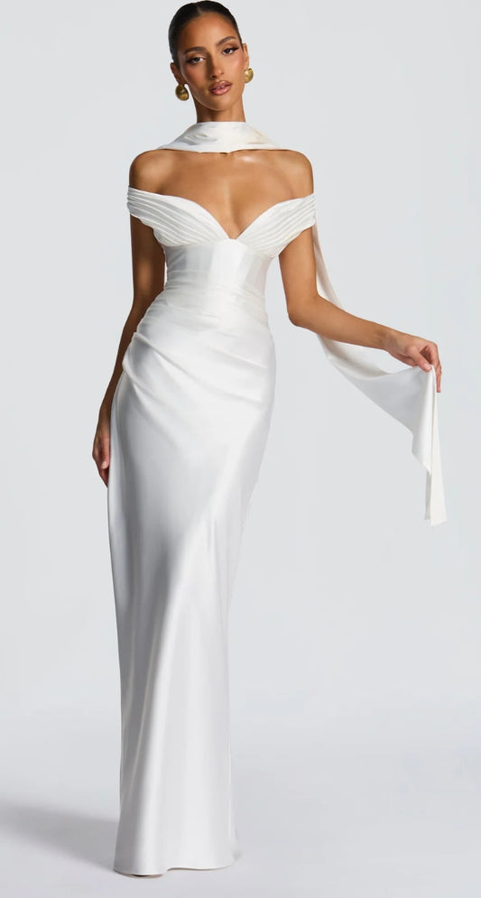 Chic Off - Shoulder Ruched White Formal Dress