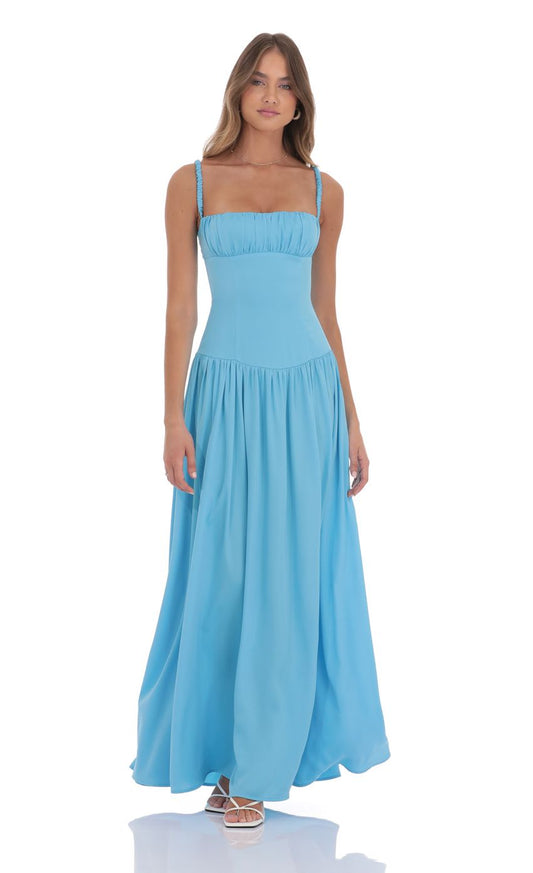 ✨ Elegant Sky Blue Maxi Dress 🌊 | Flowing Silhouette & Ruched Details