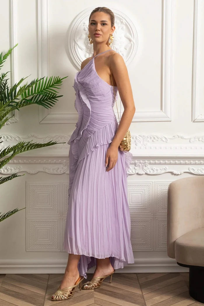 Lavender Pleated Halter Midi Dress with Ruffle Details