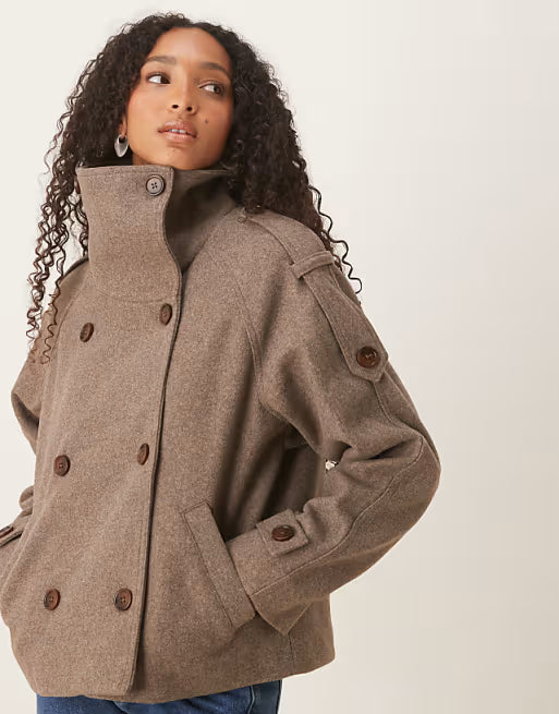 ✨ Cropped Wool-Blend Trench Coat in Mushroom Melange 🤎 | Double-Breasted & Tailored Elegance