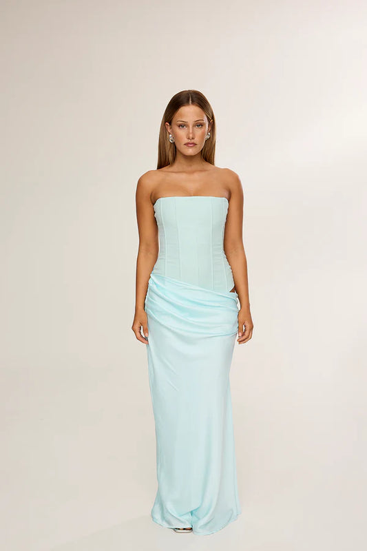 Aqua Strapless Corset Gown with Draped Satin Skirt