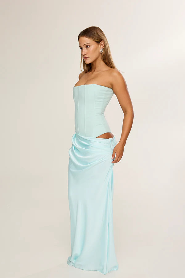 Aqua Strapless Corset Gown with Draped Satin Skirt