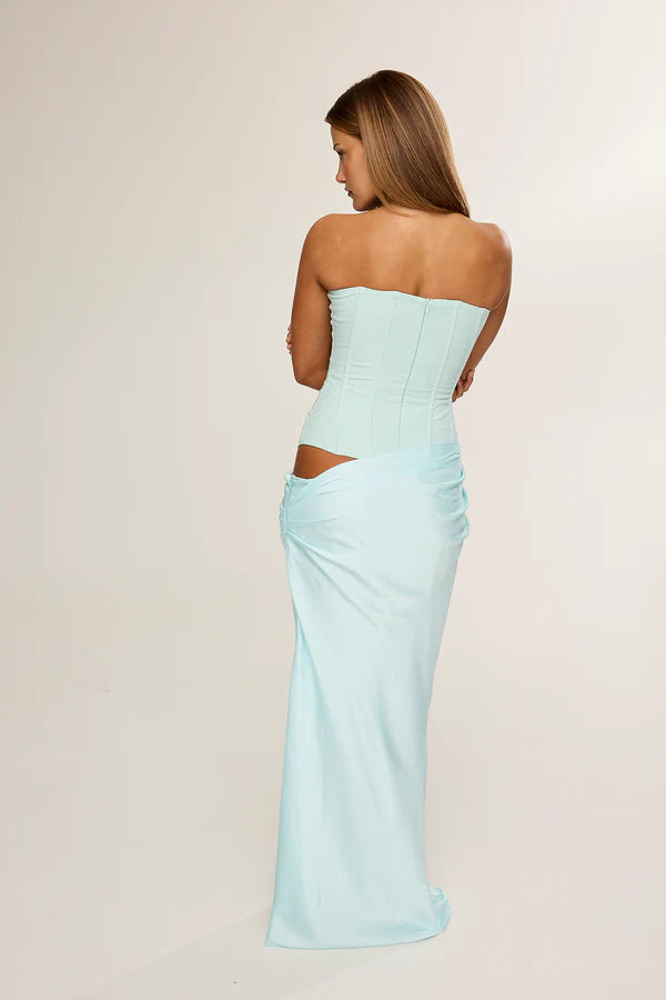 Aqua Strapless Corset Gown with Draped Satin Skirt