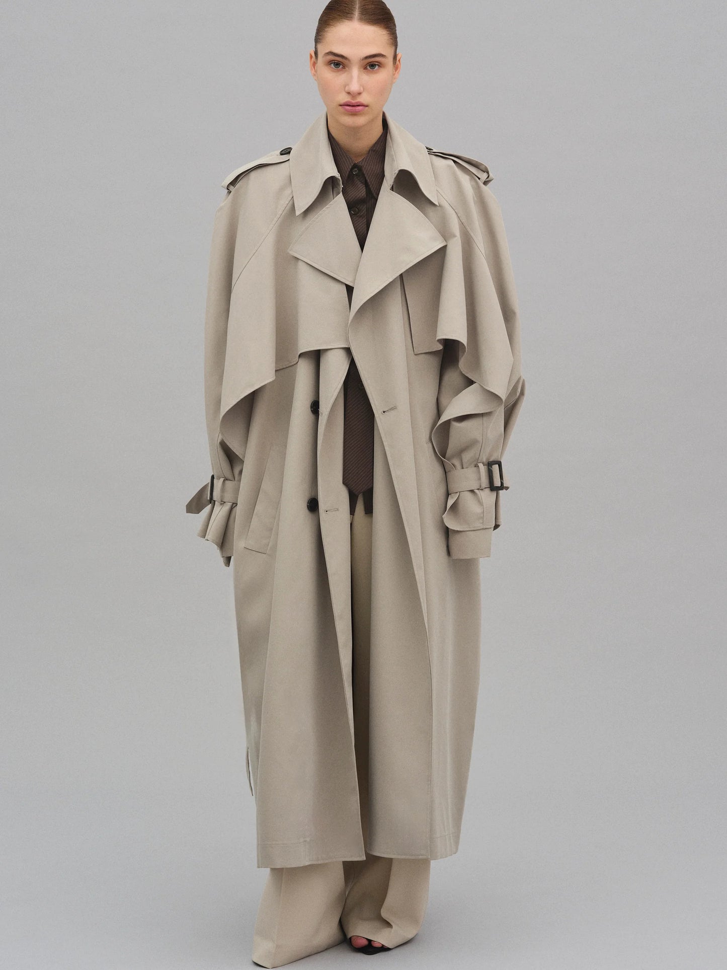 Statement Draped Trench Coat in Neutral Tone