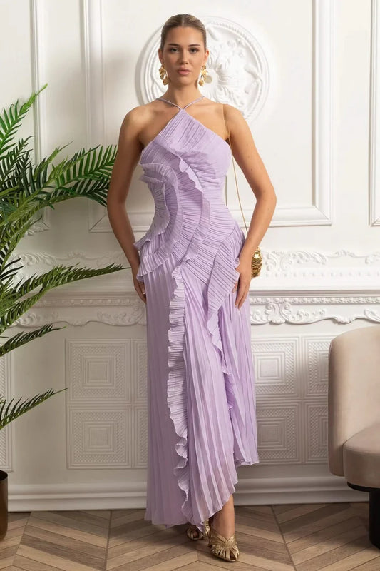 Lavender Pleated Halter Midi Dress with Ruffle Details