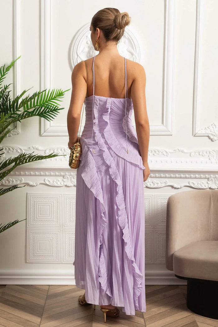 Lavender Pleated Halter Midi Dress with Ruffle Details