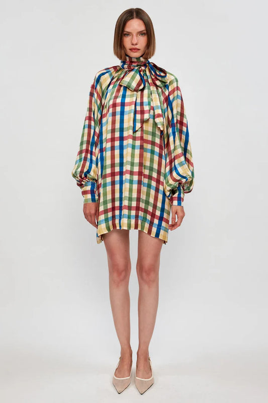 Chic Plaid Tie - Neck Balloon Sleeve Mini Dress