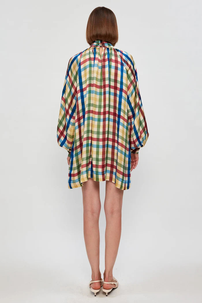 Chic Plaid Tie - Neck Balloon Sleeve Mini Dress
