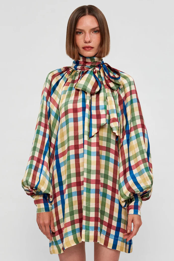 Chic Plaid Tie - Neck Balloon Sleeve Mini Dress