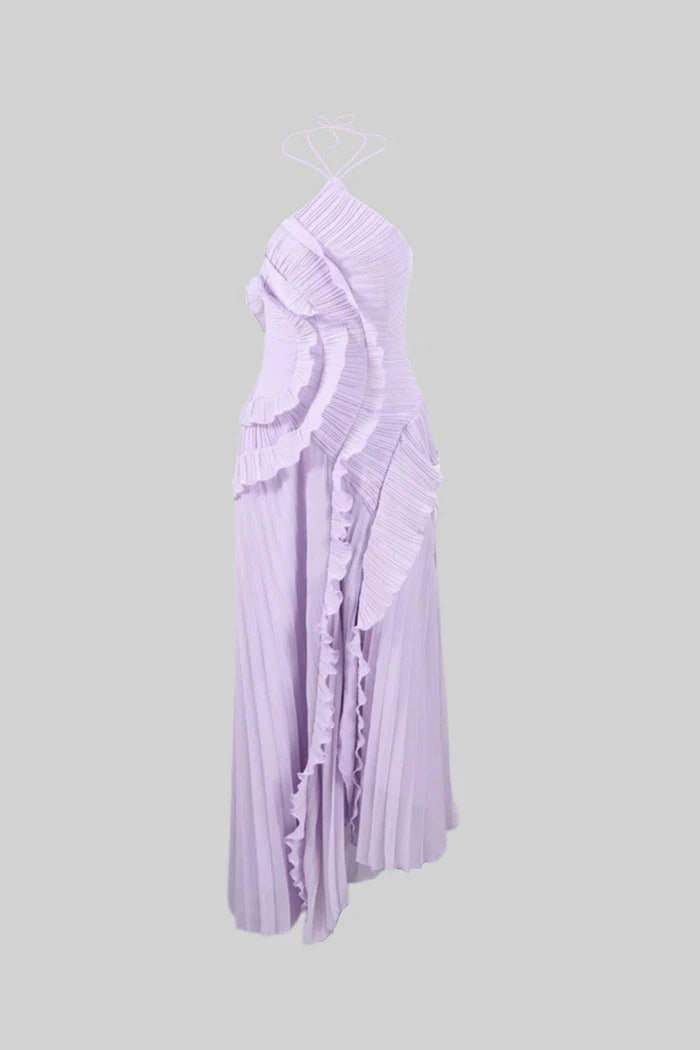 Lavender Pleated Halter Midi Dress with Ruffle Details