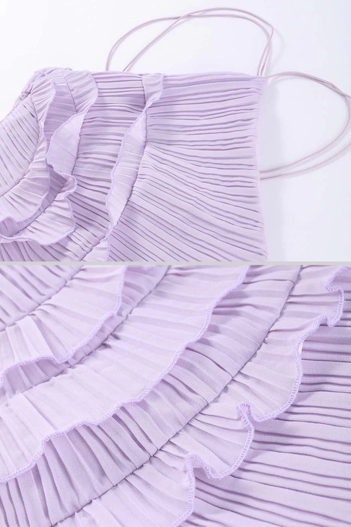 Lavender Pleated Halter Midi Dress with Ruffle Details